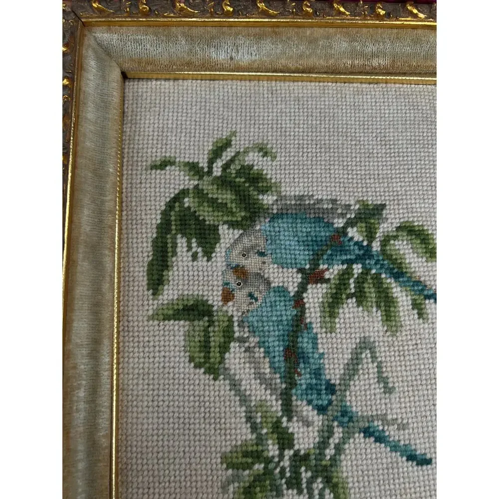 Vintage Mid Century Framed Needlepoint Wall Art Blue Parakeet Birds On A Branch
